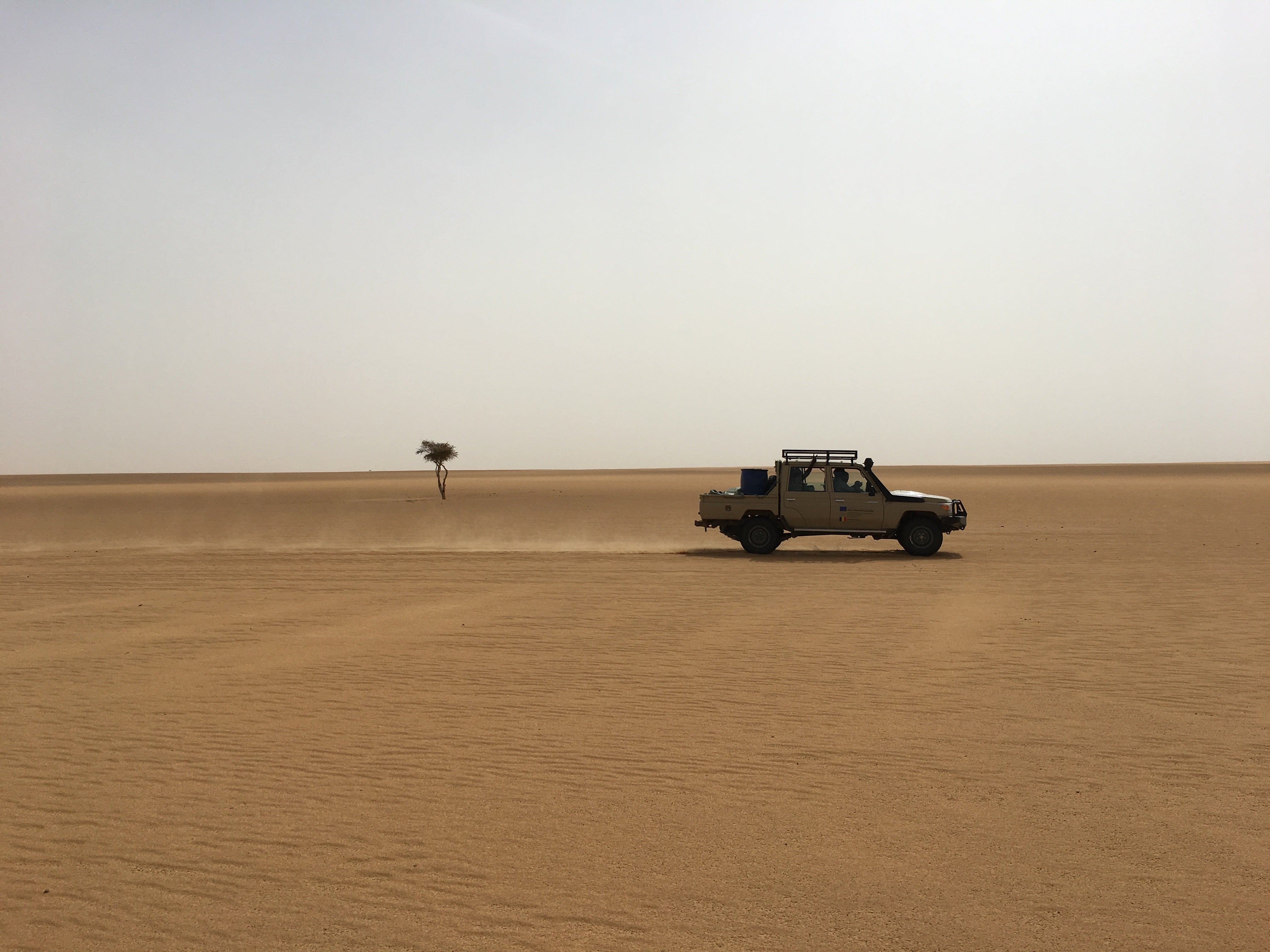 A photo of a jeep driving across the desert. A single tree stands out against the flat landscape.