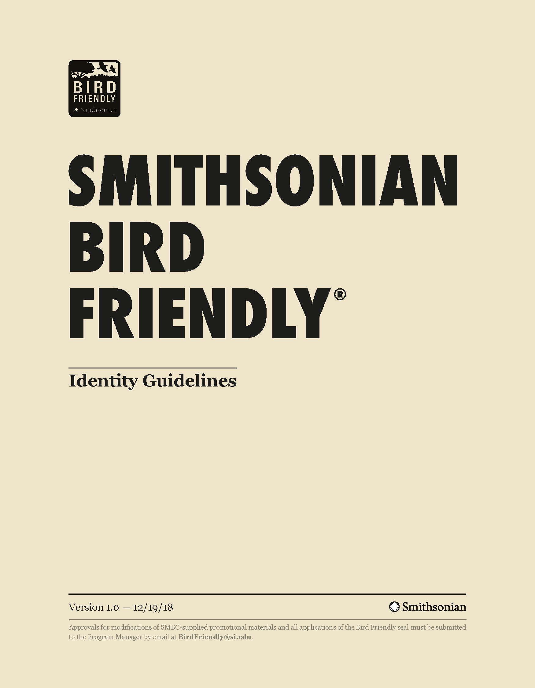 The cover page of the Smithsonian Bird Friendly Identity Guidelines document