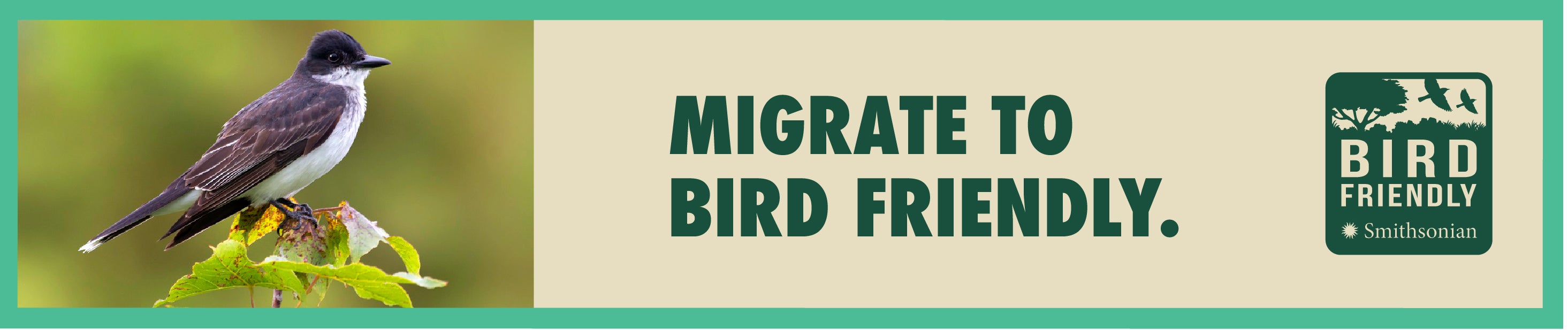 A banner with a photo of a migratory bird perched on a tree branch on the left and the text "Migrate to Bird Friendly" with the Smithsonian Bird Friendly logo on the right