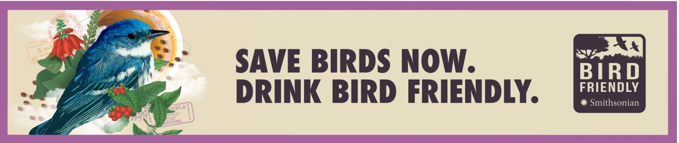A banner with a blue bird, plant trimmings and a cup of coffee on the left and the text "Save Birds Now. Drink Bird Friendly" and the Smithsonian Bird Friendly logo on the right