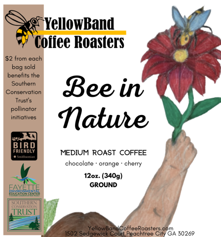 a coffee label with illustrations of a flying bee and a bee pollinating a flower that is being held up by a human