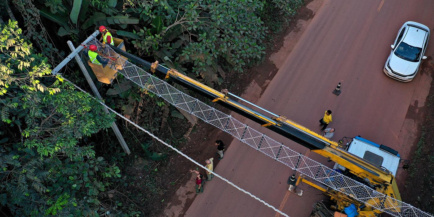 An aerial view photo of construction workers installing a roped canopy bridge over a two-lane road with dense jungle on either side.