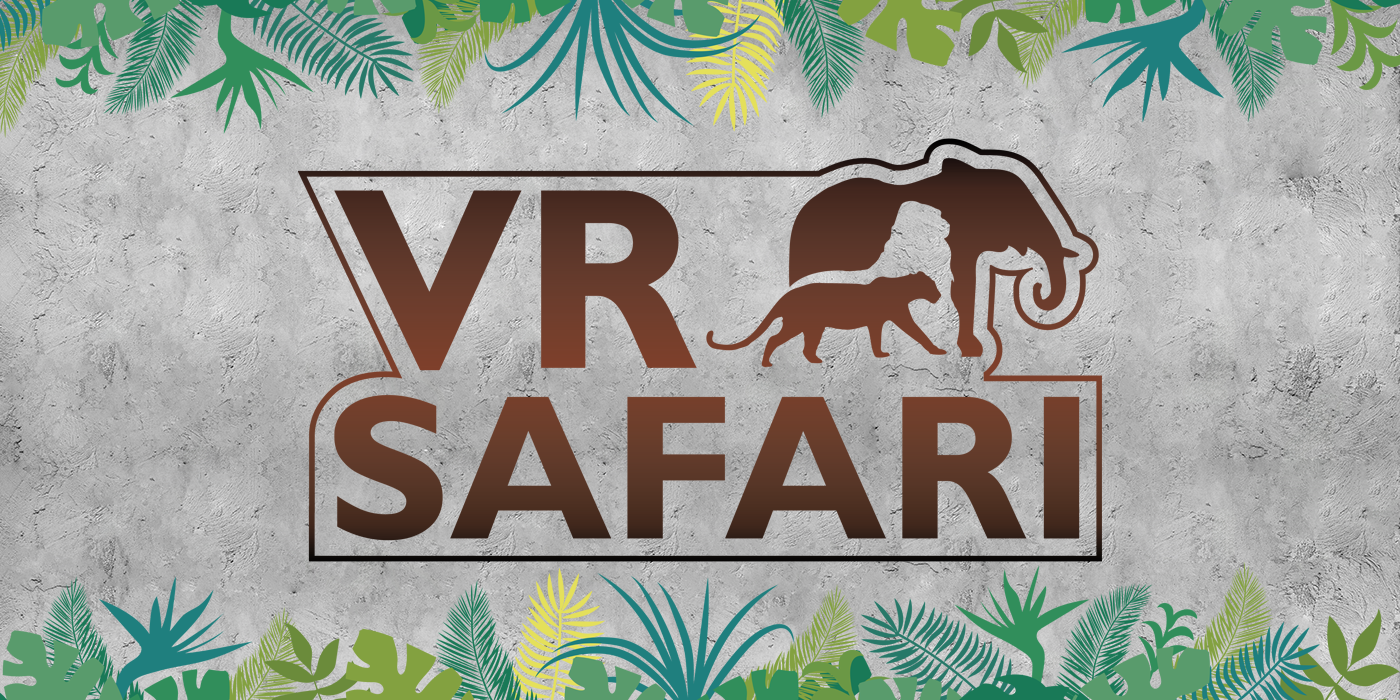 Logo for VR Safari. Silhouetted illustrations of an elephant, gorilla, and leopard appear on the logo image next to the bronze-colored text.