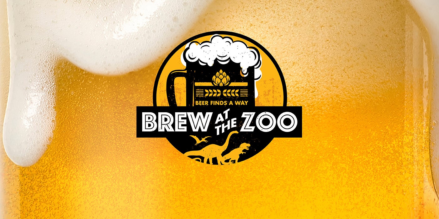 A close-up of photo of a mug overflowing with beer with an illustration of a beer mug and dinosaurs and the text "Brew at the Zoo" 