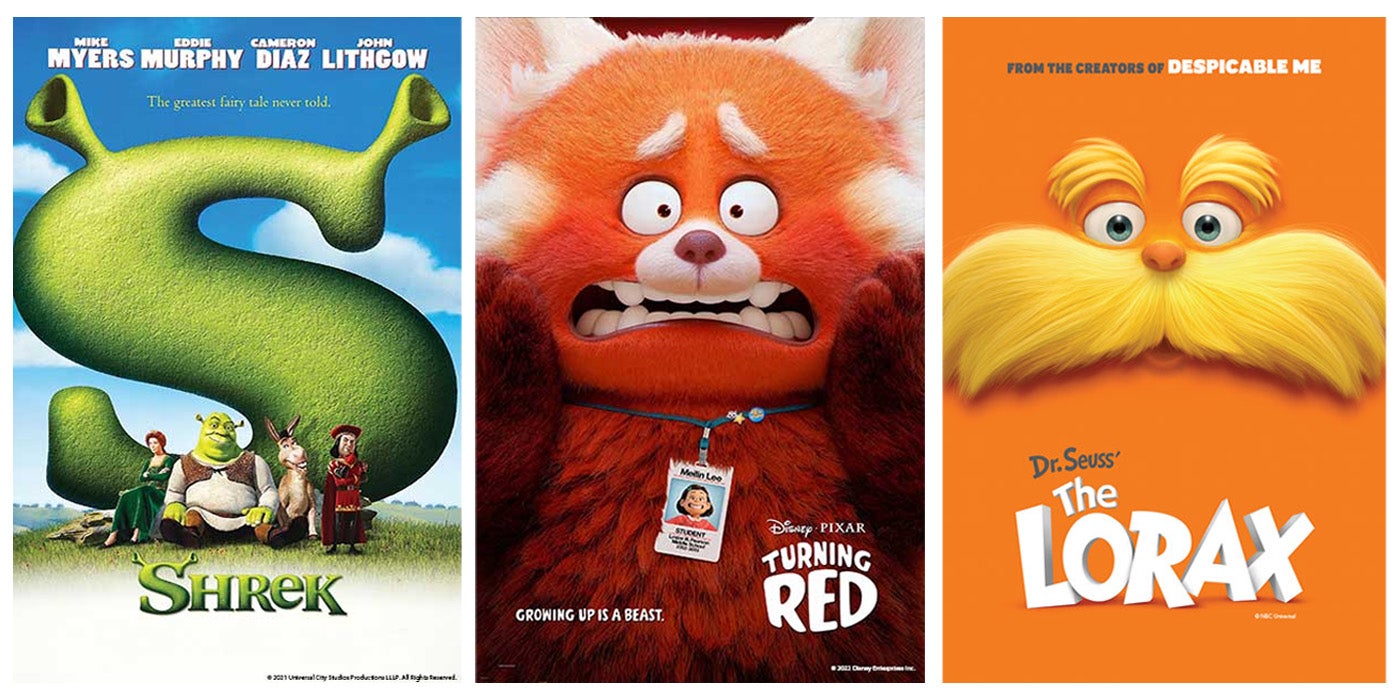 Posters of the three movies selected for the Zoo's Summer Film Night Series: Shrek, Turning Red and The Lorax.
