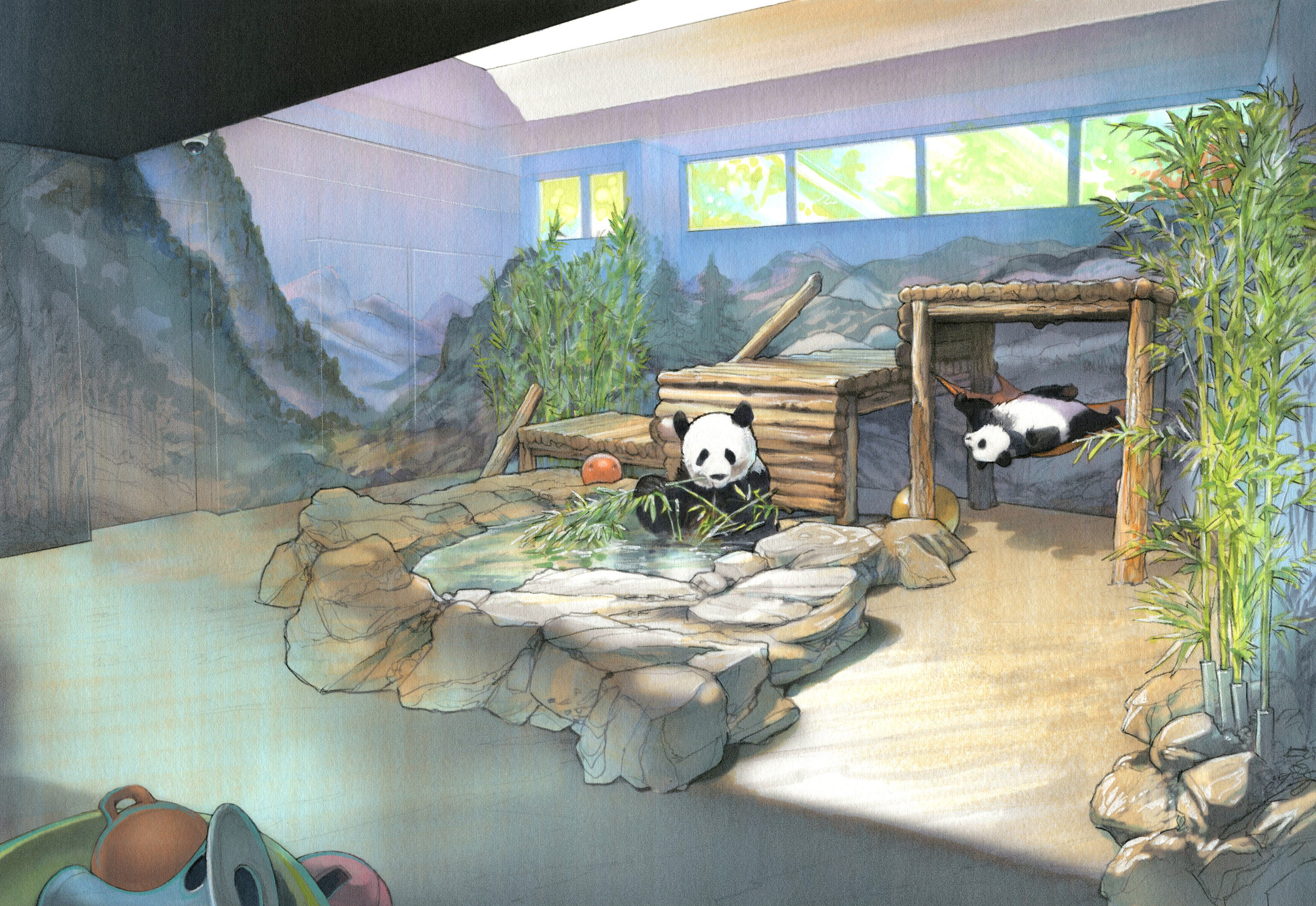 An illustration of two pandas enjoying a newly renovated indoor habitat with a rock-lined pool, bamboo stands, climbing structures and enrichment toys.