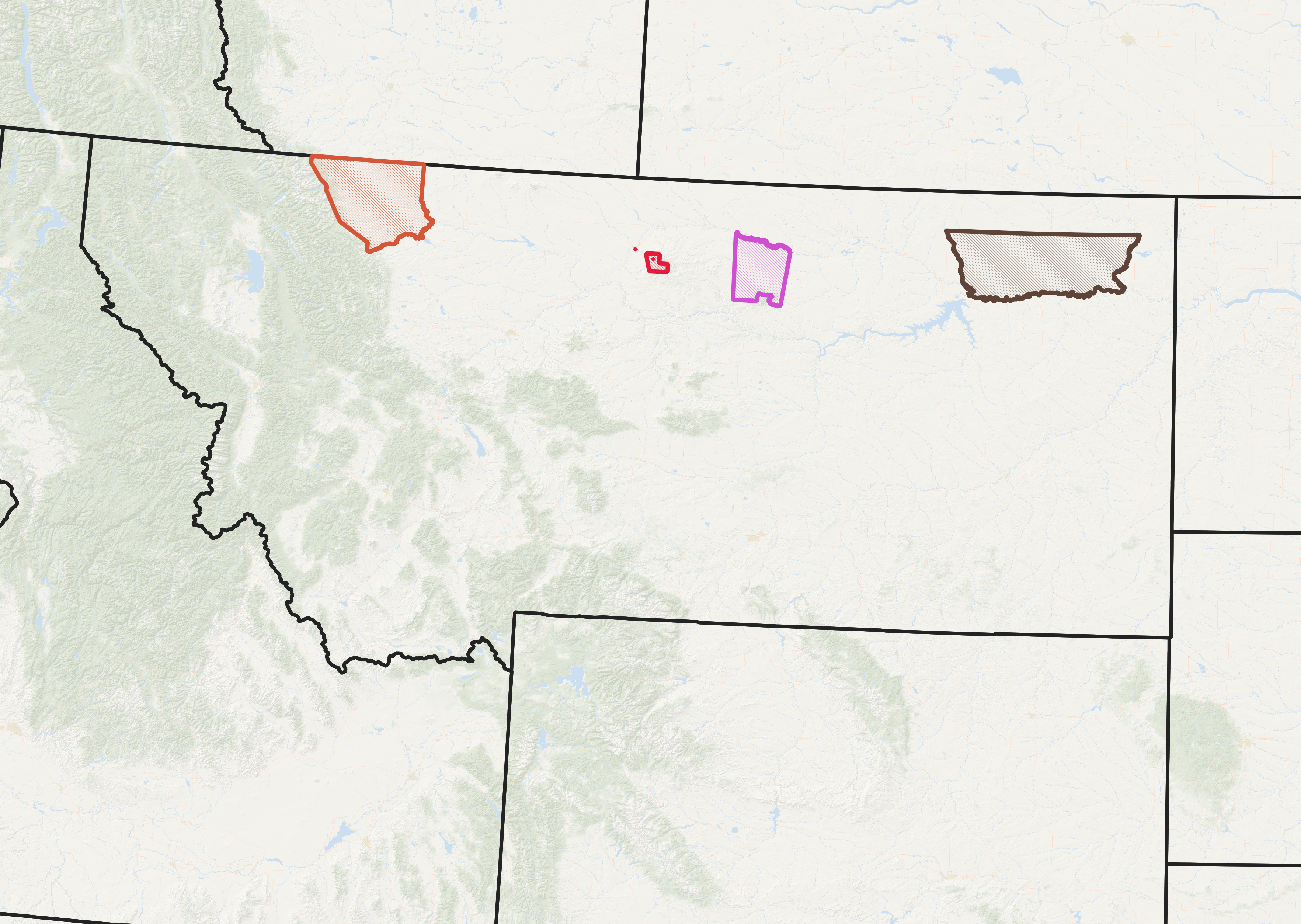 Image shows the locations of the Blackfeet (in orange), Rocky Boy's (red), Fort Belknap (purple), and Fort Peck (brown) Indian communities within Montana. 