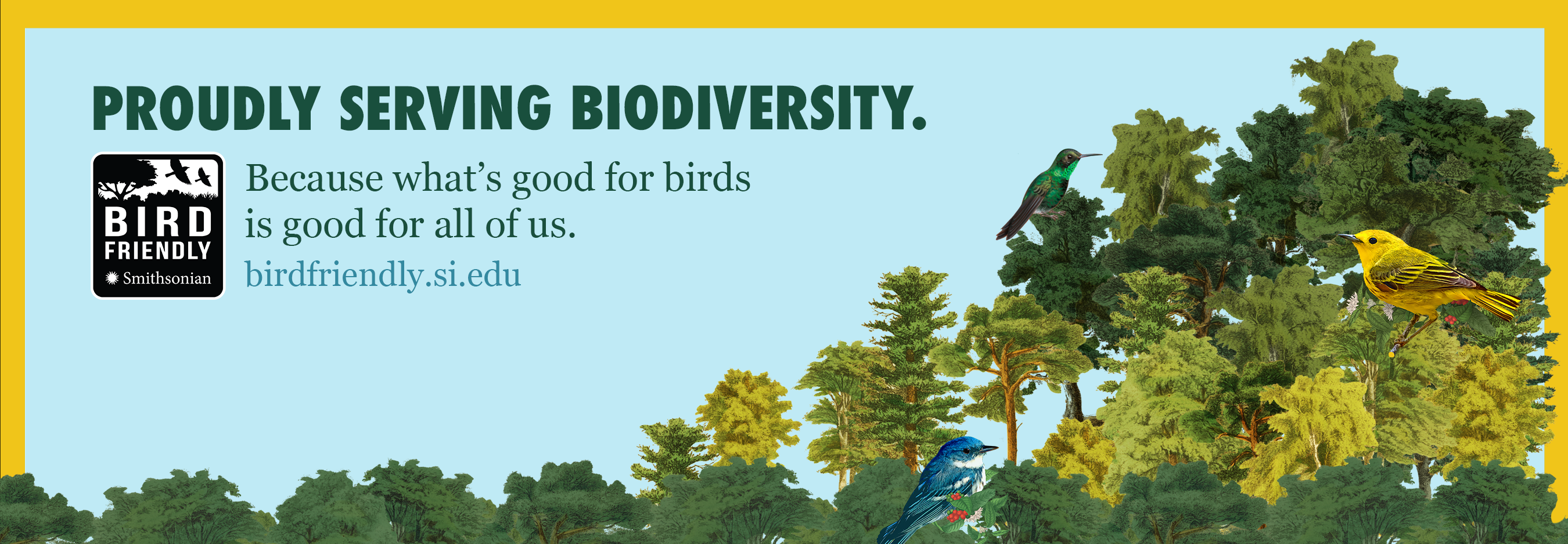 A banner with the text "proudly serving biodiversity" and plants and birds