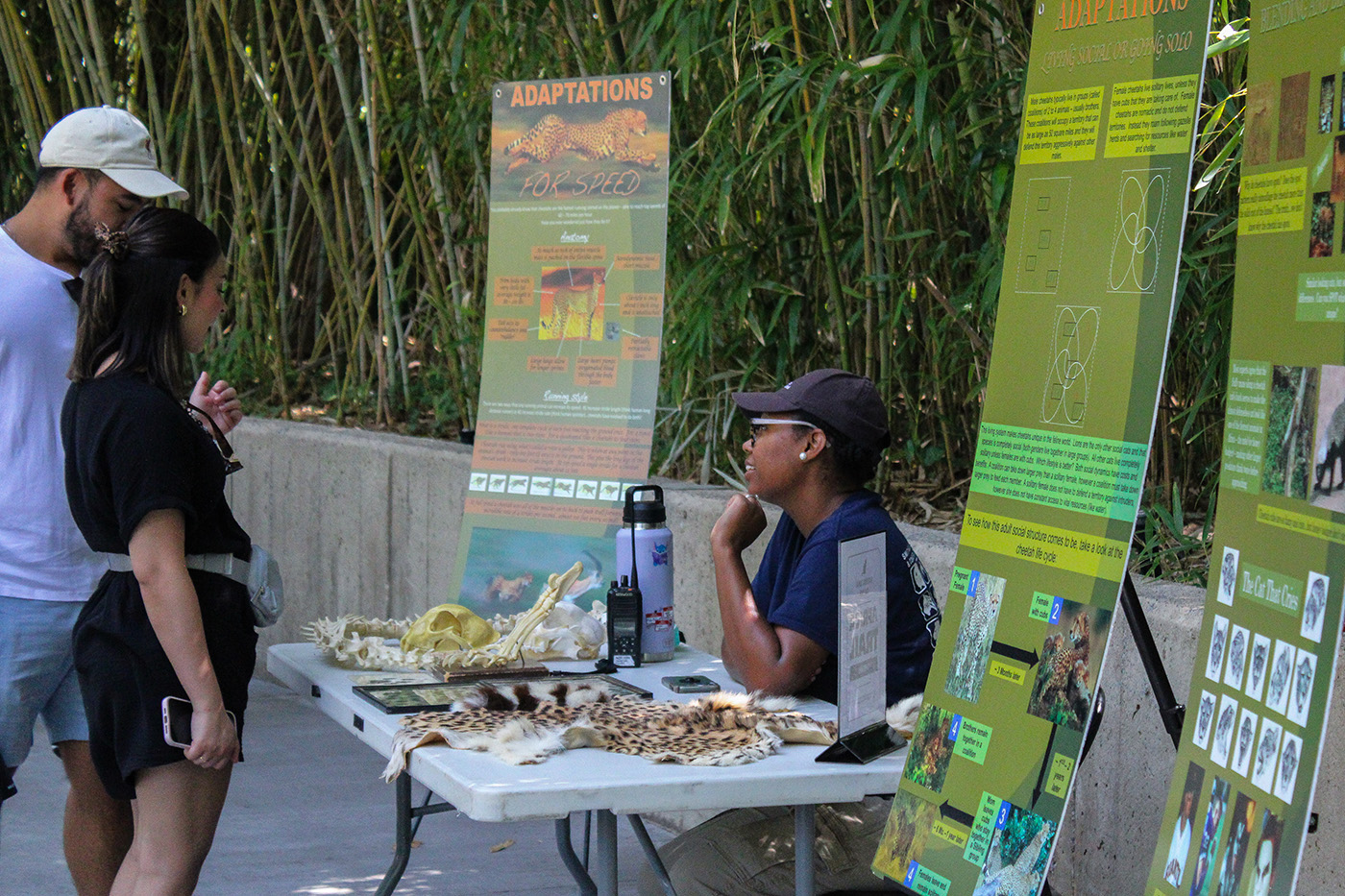 Zoo staffer at an information table filled with tactile elements