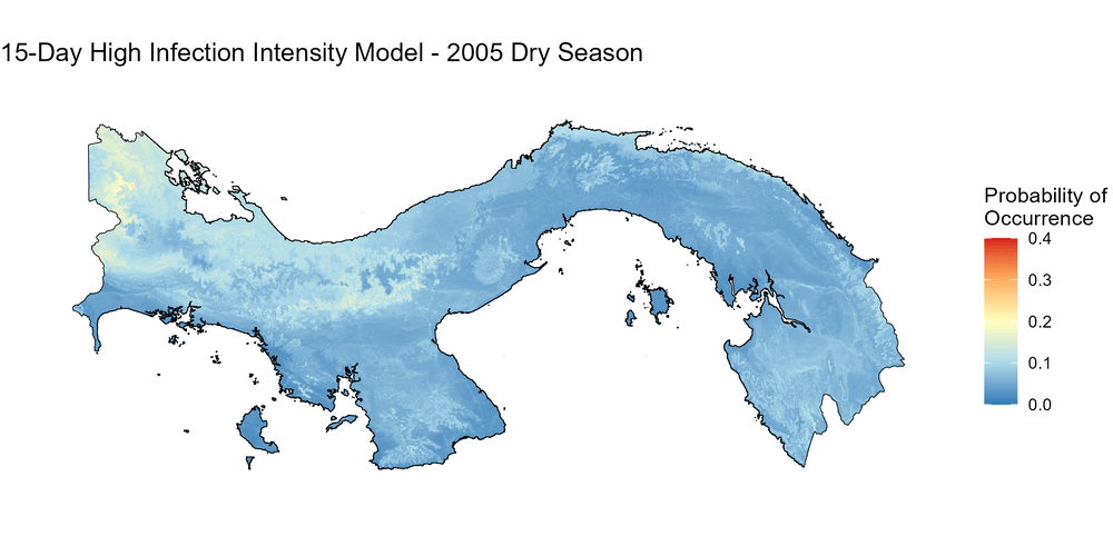 Animation showing a timelapse of how the chytrid disease moved across Panama under "High Intensity" model.