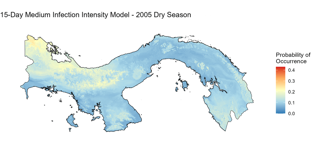 Animation showing a timelapse of how the chytrid disease moved across Panama under a "Medium Intensity" model.
