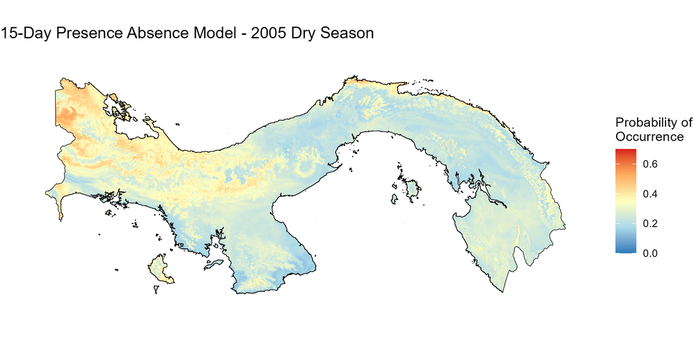 Animation showing a timelapse of how the chytrid disease moved across Panama under a "Presence-Absence" model.