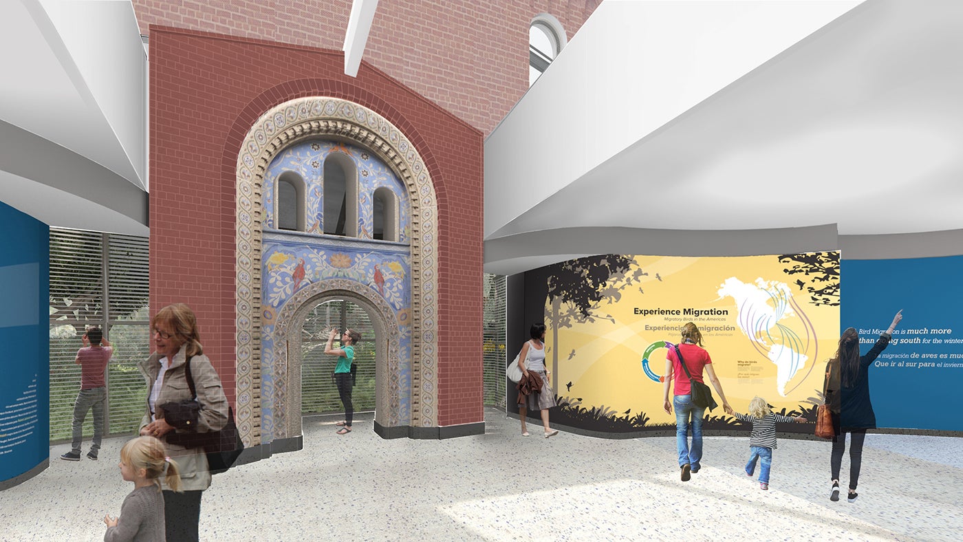 Experience Migration exhibit entrance rendering, featuring a historic masonry arch and exhibit signage
