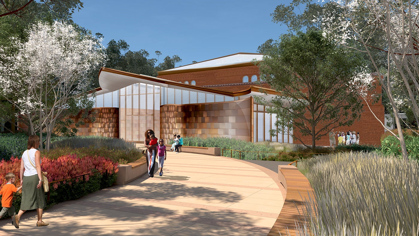 Outdoor rendering of the Experience Migration exhibit entrance