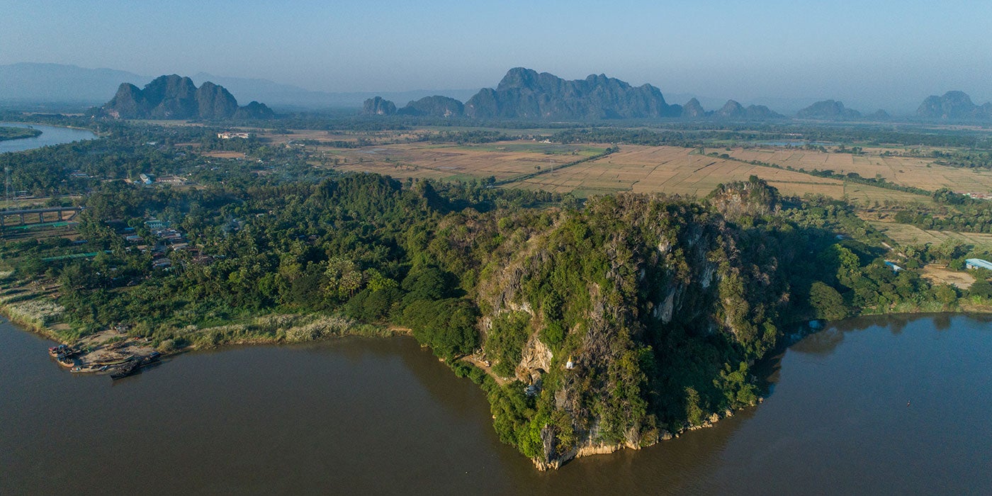 An aerial photo of Myanma's Hpa An region where Linno Cave is located. The area is a mix of rural farmland and forest cover.