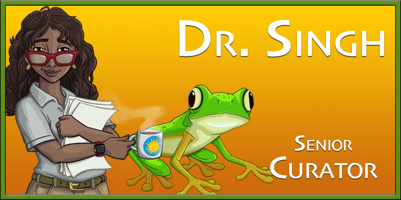 A digital illustration of a Zoo senior curator with a lemur leaf frog. To the right is the text "Dr. Singh, Senior Curator" and the Smithsonian sunburst logo
