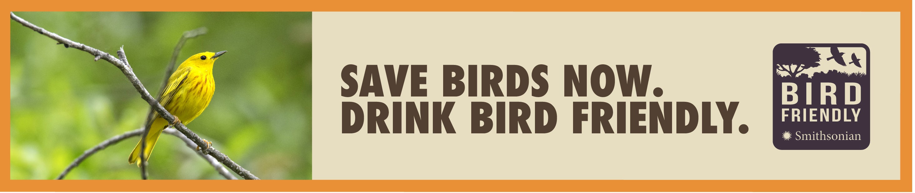 A banner with a photo of a yellow bird perched on a branch to the left and the text "Save Birds Now. Drink Bird Friendly." and the Smithsonian Bird Friendly logo to the right