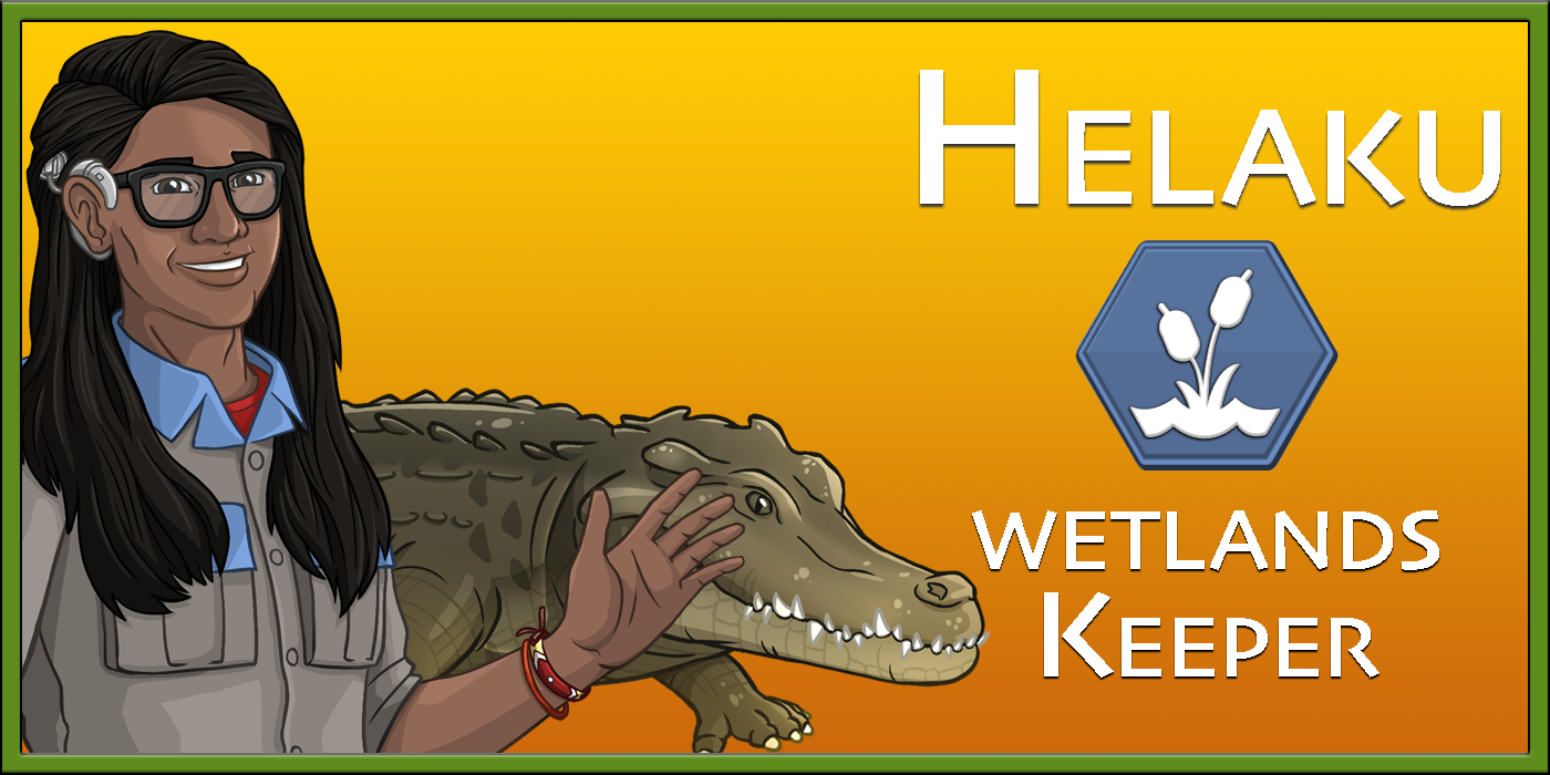 A digital illustration of a zookeeper with a crocodile. To the right is the text "Helaku, Wetlands Keeper" and a hexagonal icon featuring wetland grasses