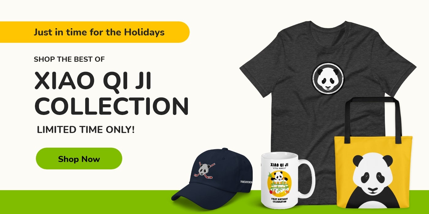 An ad for panda merchandise featuring a T-shirt, hat, mug and tote. The text reads: "Just in time for the holidays, shop the best of Xiao Qi Ji collection, limited time only! shop now"