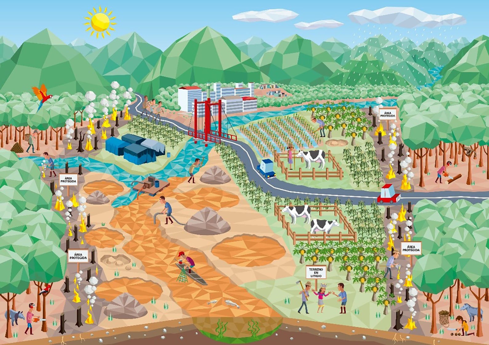 An illustration of a river, forest, mountains, farms and communities in Madre de Dios Peru that illustrates the area's future without a land use plan in place