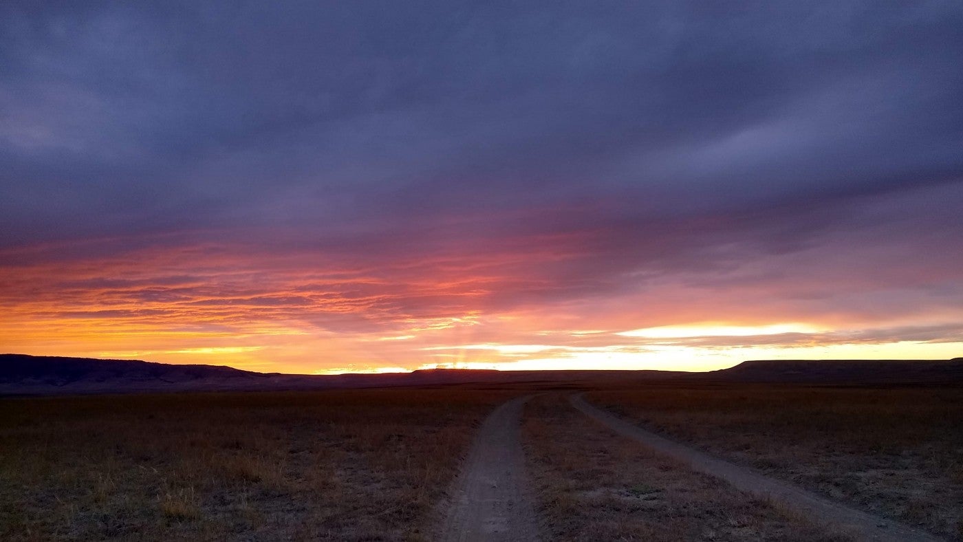 An unpaved road on Shirley Basin, a high-elevation grassland in Wyoming, around sunrise.