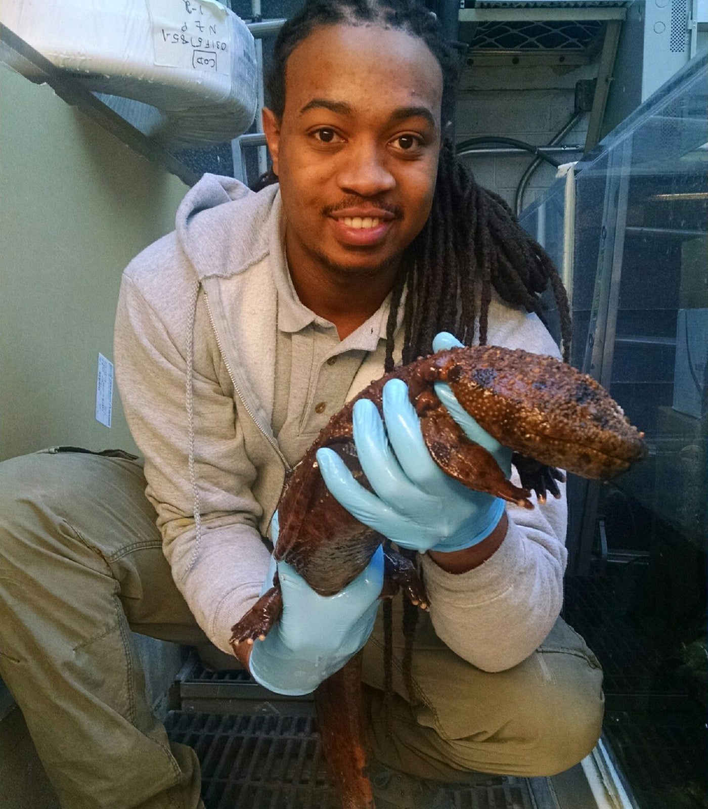 Zookeeper Kyle Miller holds Japanese giant salamander Hiro