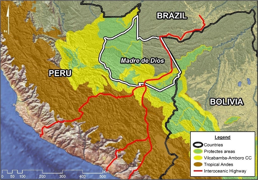 A map of the Madre de Dios region in Peru, within the Vilcabamba-Amboró conservation corridor and bordered by Brazil and Bolivia