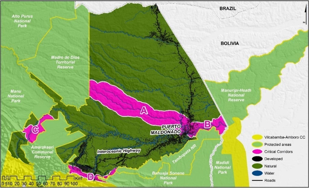 A map of four critical conservation corridors identified in Madre de Dios. A) Pariamanu B) Lower Madre de Dios C) Upper Madre de Dios D) South Huepetuhe. 