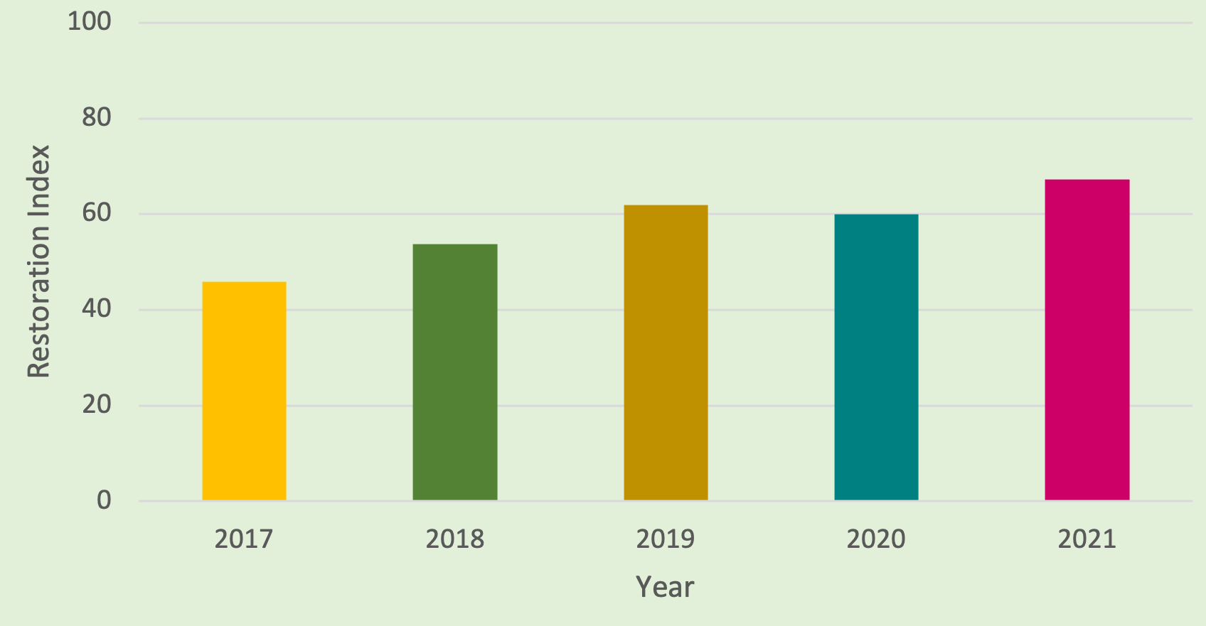 A bar chart depicting the increase in average plant coverage restoration index from 2017 to 2021 for the bofedal wetlands crossed by a pipeline in the Andes.