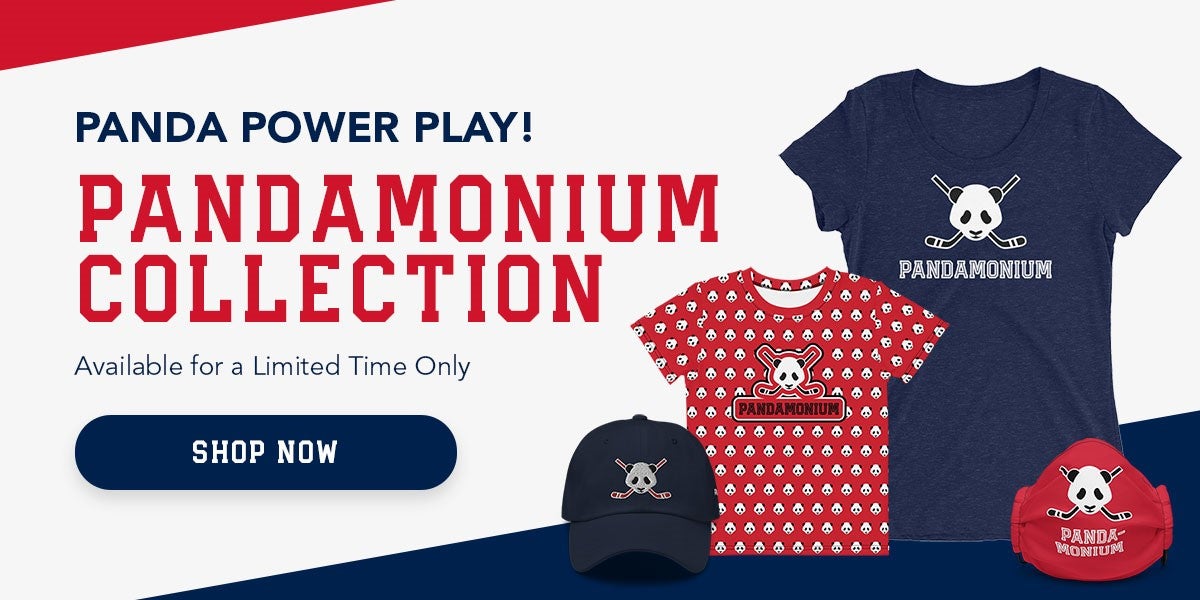 Limited-edition Xiao Qi Ji-themed tees, hat and face mask in red, blue and black. Text reads: Panda Power Play: Pandamonium Collection. Available for a limited time only. Shop now. 