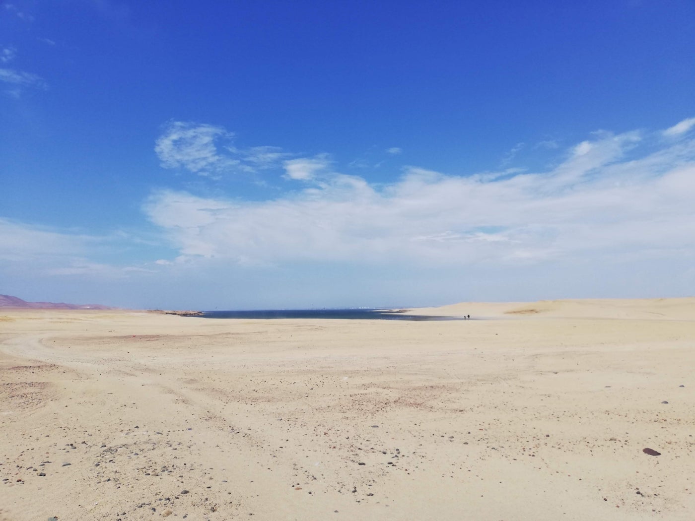 An open expanse of sandy, flat terrain with a bay visible in the distance under a clear blue sky. This area of Peru's Paracas National Reserve is called Cequion Bay.
