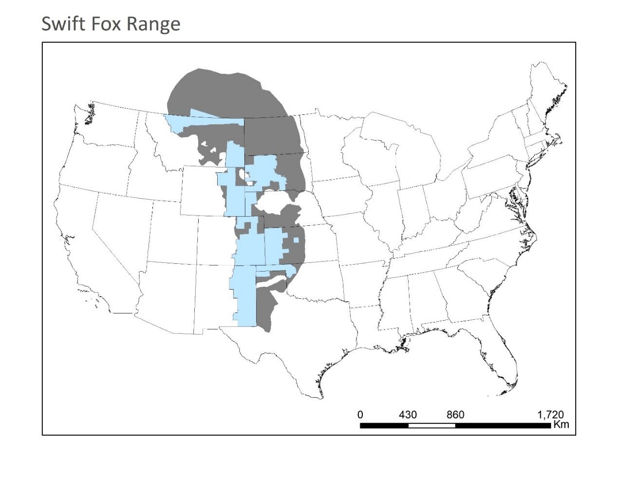 A map of the swift fox's range in North America based on IUCN records. It shows the historic range of the swift fox (gray) compared to its current range (light blue).