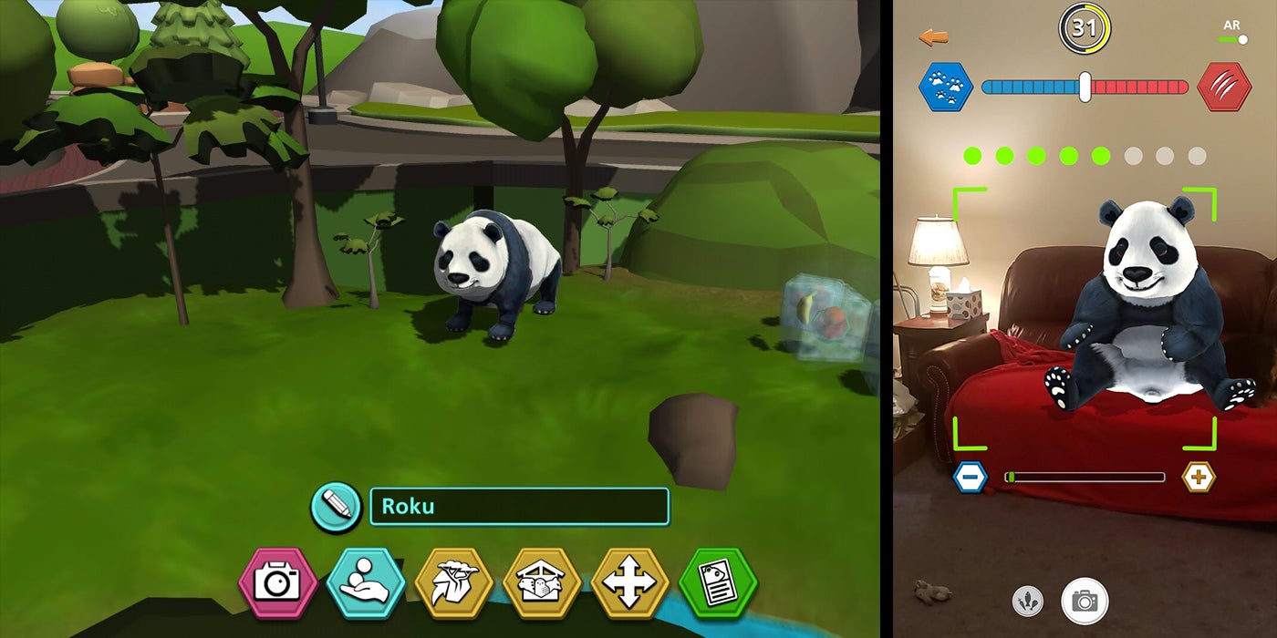 Two images on one graphic. Left image is of a virtual giant panda standing in a virtual, green habitat. His name is labeled "Roku" on the bottom of the image. The right image is a virtual giant panda sitting on a real couch using Augmented Reality.