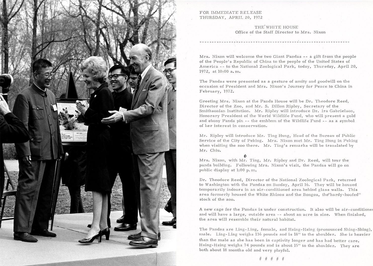 Left: First Lady Patricia Nixon at the Zoo on April 20, 1972, for the official welcome ceremony for giant pandas Ling Ling and Hsing Hsing; right: White House press release on the arrival of Ling-Ling and Hsing-Hsing at the Zoo dated April 20, 1972