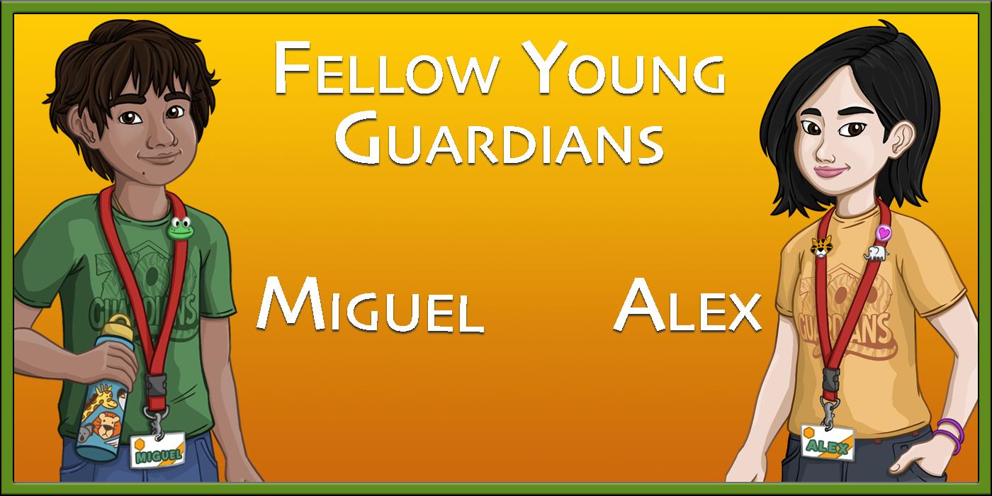 A digital illustration of two young people wearing lanyards and badges. In between them is the text: Miguel and Alex, fellow young guardians