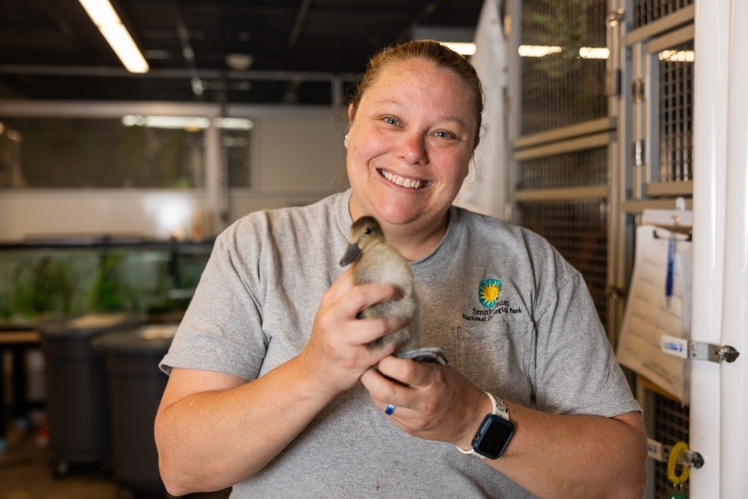 Bird House keeper Jen Ferraro holds a duckling. 