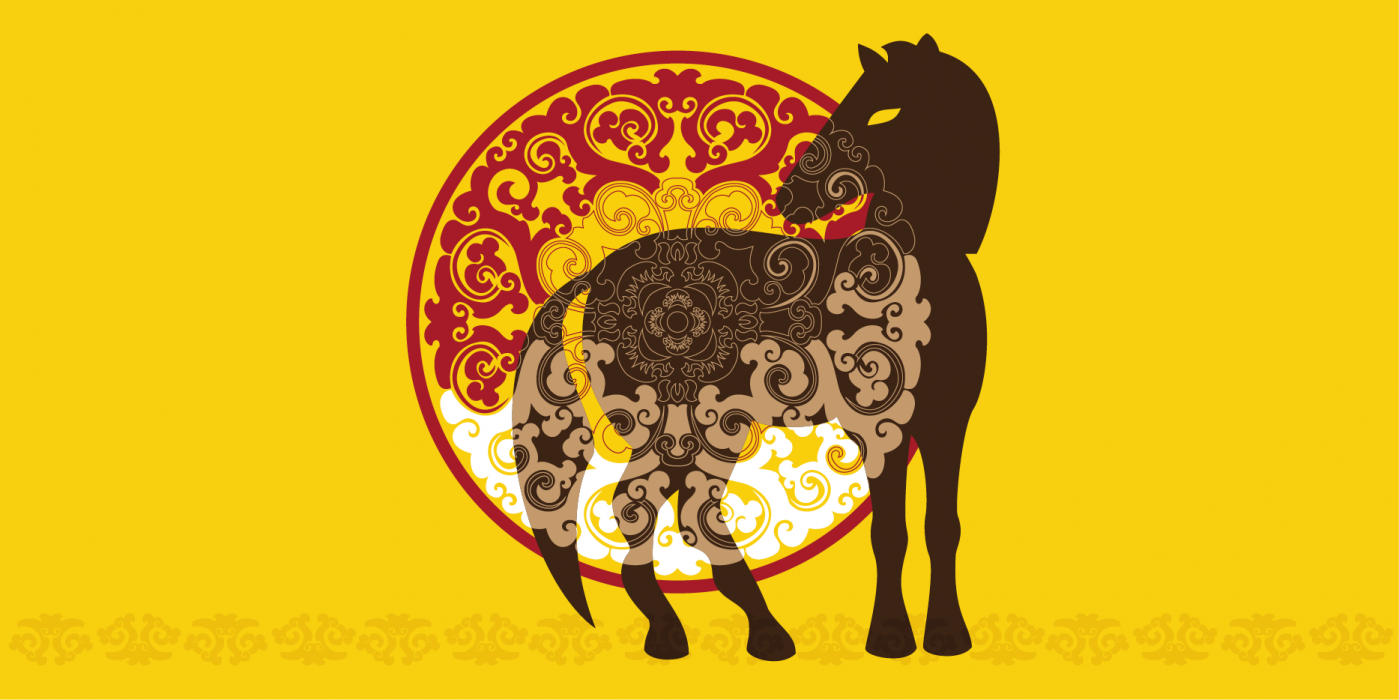 a graphic image of a Przewalski's horse stands in front of a decorative mandala shape