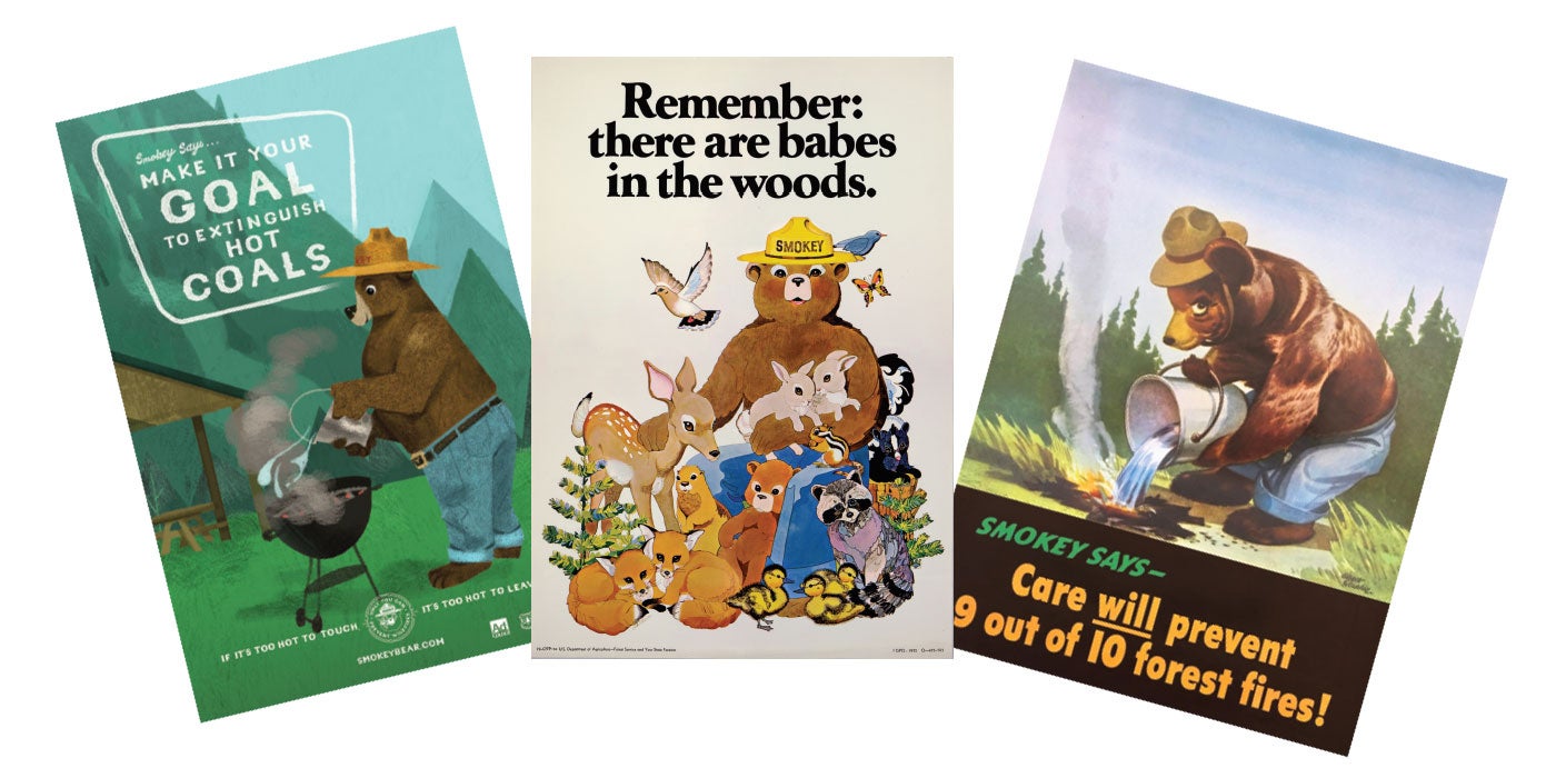 Three vintage posters depicting Smokey Bear