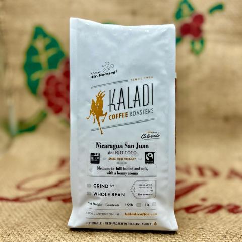 a coffee bag with an illustration of a goat and text that reads "Kaladi Coffee Roasters Nicaragua San Juan del Rio Coco"