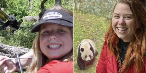 Two pictures of Zoo visitor Andie H., pictured on the left as a child and on the right as an adult, with pandas behind her.