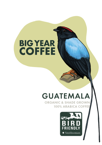 a coffee label with an illustration of a Manakin bird perching on a branch