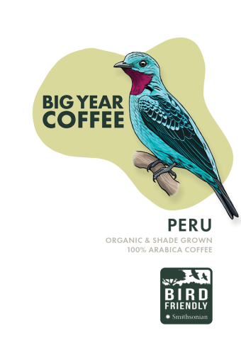 a coffee label with an illustration of a Peruvian bird perching on a branch