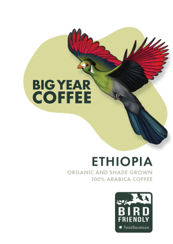 a coffee label with an illustration of a Turaco bird flying