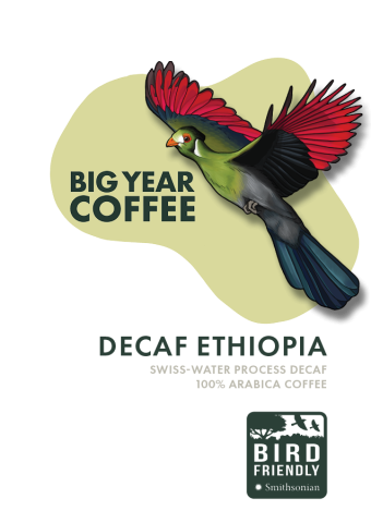 a coffee label with an illustration of a Turaco bird flying