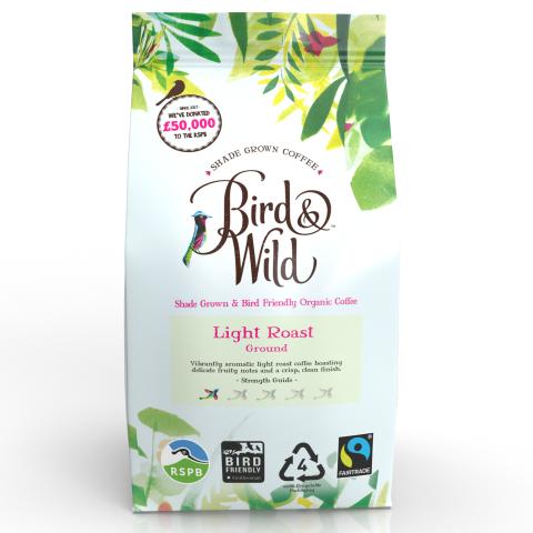 a coffee bag with an illustration of a bird and leaves