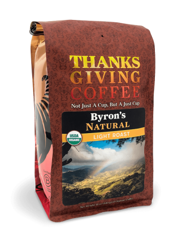 a coffee bag with an image of a mountainous coffee growing landscape