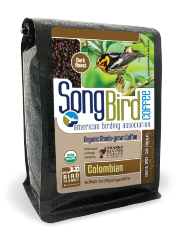 a coffee bag with an image of a Blackburnian Warbler and roasted coffee beans