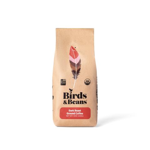 a coffee bag with a graphic illustration of a bird feather