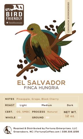 a coffee label with an illustration of a Cinnamon Hummingbird perched on a branch and surrounded by a coffee mug and coffee beans