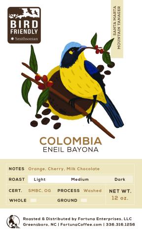 a coffee label with an illustration of a Mountain Tanager perched on a branch holding a coffee branch in its beak and surrounded by a coffee mug and coffee beans